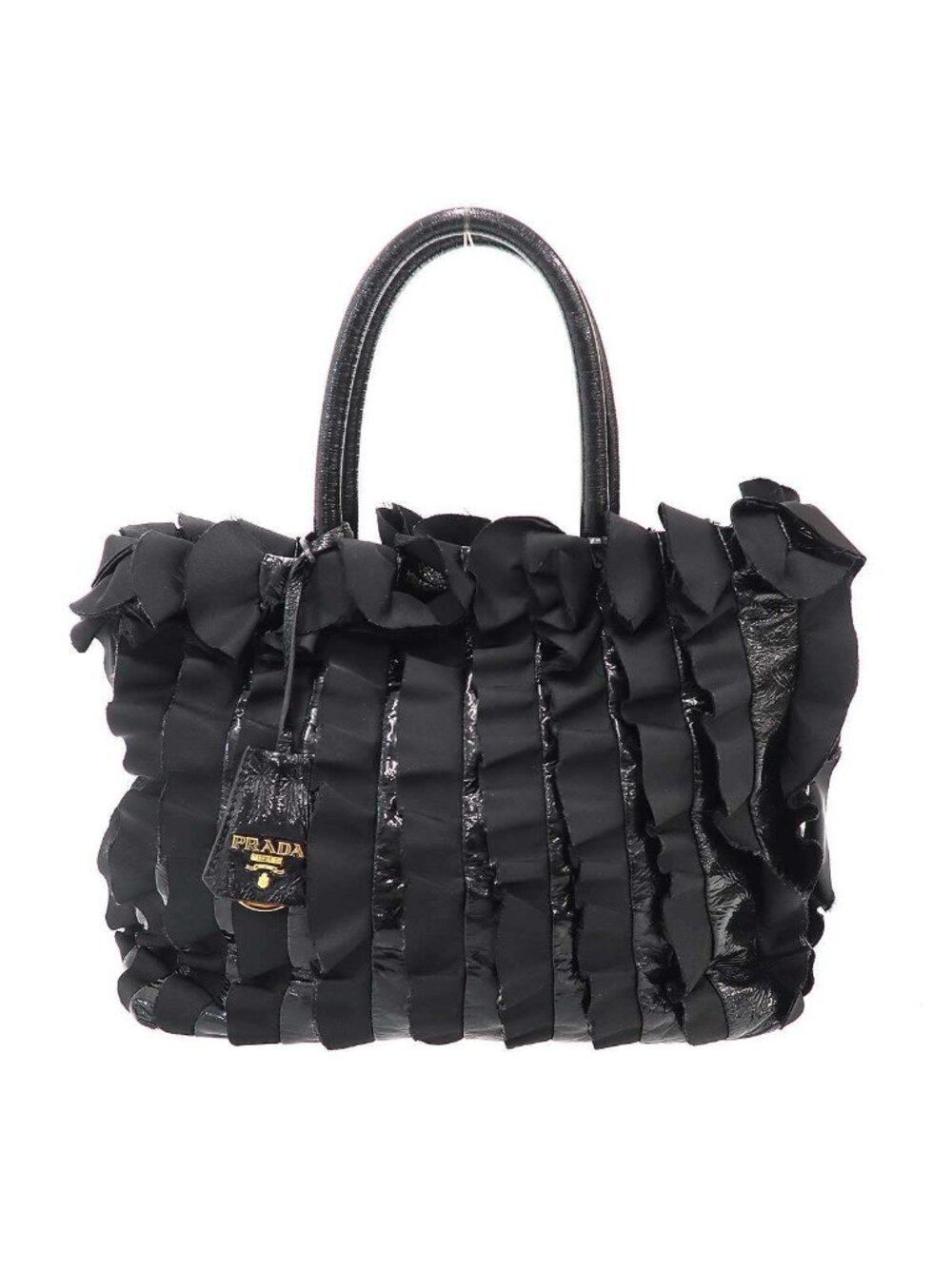 Prada Tessuto Vernice Frill Handbag Black